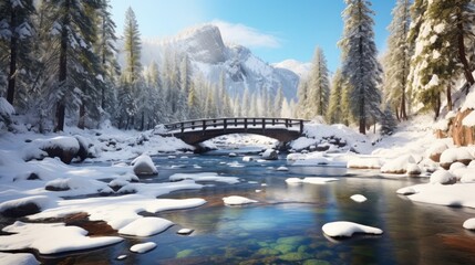 A wooden bridge spanning a river in a snowy forest with a mountain in the background.