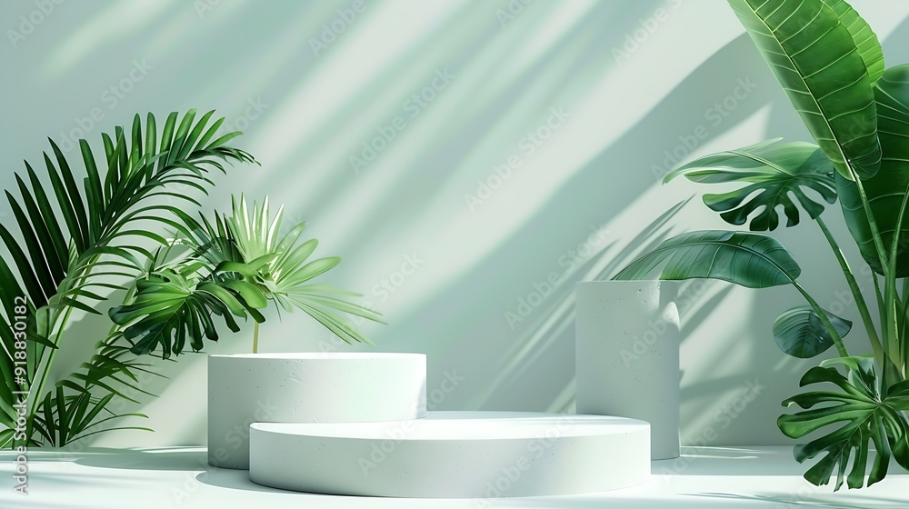 Poster creative concept of minimalism with leaf and plaster podium blank space on white podiums for present