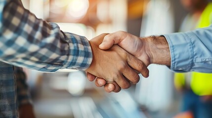 construction worker and contractor Client shaking hands with team builder in renovation site : Generative AI