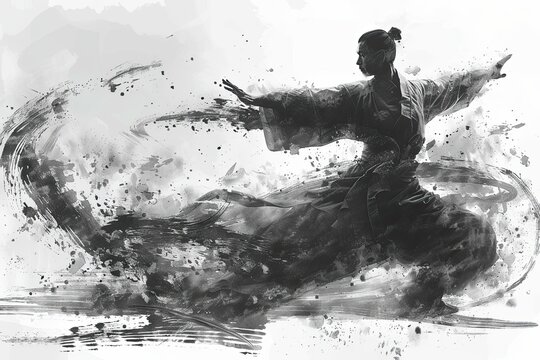Male martial arts kung fu man standing posing, Drawn by brush strokes and ink.