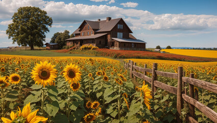 A large house with a porch sits on a hill overlooking a field of sunflowers, with a wooden fence in the foreground. The sky is blue with white clouds