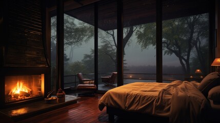 Cozy bedroom with a fireplace and a view of a foggy forest through large windows.