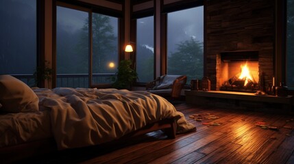 Cozy bedroom with a fireplace and a view of a rainy forest.