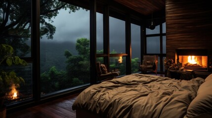 Cozy bedroom with large windows overlooking a lush forest, a fireplace with fire, and a comfortable bed.