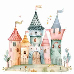 Fototapeta premium Whimsical Fairytale Castle with Colorful Towers and Flags in Watercolor Illustration