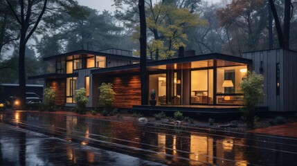 Obraz premium Modern house with large windows lit up at night, reflecting in a wet driveway after a rain shower in a forest setting.