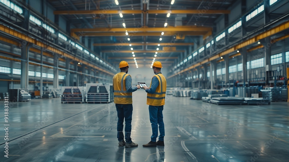 Fototapete Industry 40 Modern Factory Two Engineers in Empty Warehouse Use Digital Tablet Computer with Augmented Reality Software For a Room Mapping Doing 3D Factory Floor Layout High Angle Shot : Generative AI
