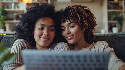 A lesbian couple relaxing at home with a laptop : Generative AI