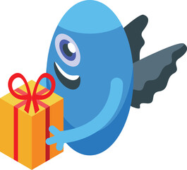 Blue cartoon monster holding a gift box with a red ribbon isometric icon, for birthday or celebration related design