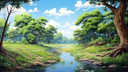 Fototapeta premium Serene forest stream flows through lush green trees and flowers under a blue sky with white clouds.
