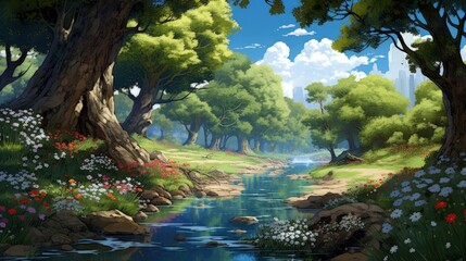 Tranquil forest stream with lush foliage and colorful wildflowers.