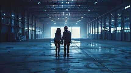 Couple walking through empty warehouse : Generative AI