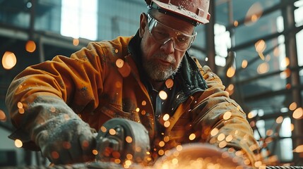 Mature construction worker cutting metal with circular hand saw : Generative AI