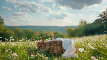 Fototapeta premium Picnic duvet with empty bascket on the meadow in nature Panoramic view Concept of leisure and family weekend : Generative AI