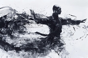 Fototapeta premium Male martial arts kung fu man standing posing, Drawn by brush strokes and ink.