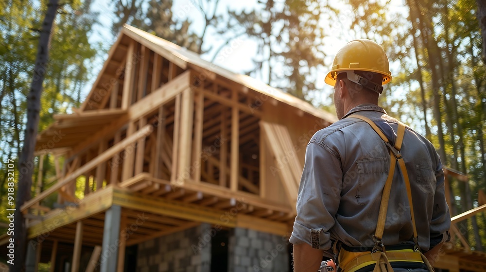 Poster worker building wooden twostory house near the forest man in work clothes and hard hat reviewing the
