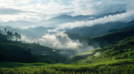 Fototapeta premium Misty Morning Over Lush Green Rice Terraces in Mountains