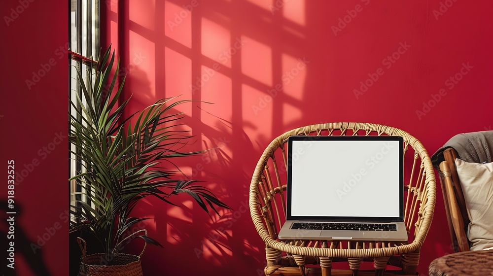 Fototapete Laptop computer with blank screen on comfortable rattan chair against red color wall Aesthetic template with mockup copy space Online store blog social media website branding Online sh : Generative AI