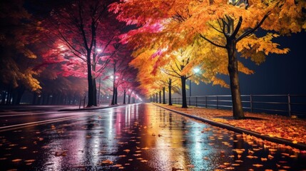 Wet road at night lined with colorful trees and glowing streetlights.