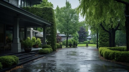 Fototapeta premium Wet walkway leading to a house with lush greenery.