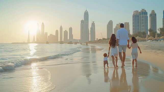 A happy family on summer vacation walks down a beautiful city beach in Dubai UAE : Generative AI