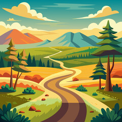 A Dirt Road Winds Through A Picturesque Landscape Vector Illustration.