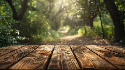 Wooden board empty table in front of blurred background Perspective brown wood over blur trees in forest  can be used mock up for display or montage your products : Generative AI