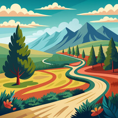 A Dirt Road Winds Through A Picturesque Landscape Vector Illustration.