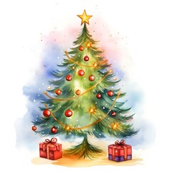 Christmas tree decorated with lights, blurred, pastel colour, watercolor background.