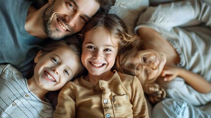 Fototapeta premium Relax children and happy family in home with parents together for care love or bonding Kids mother and father on sofa for support conversation and play with funny siblings laughing in : Generative AI
