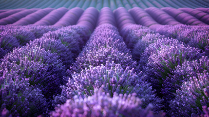 Naklejka premium Expansive lavender field in the countryside, filled with blooming purple flowers, creating a tranquil and picturesque scene.