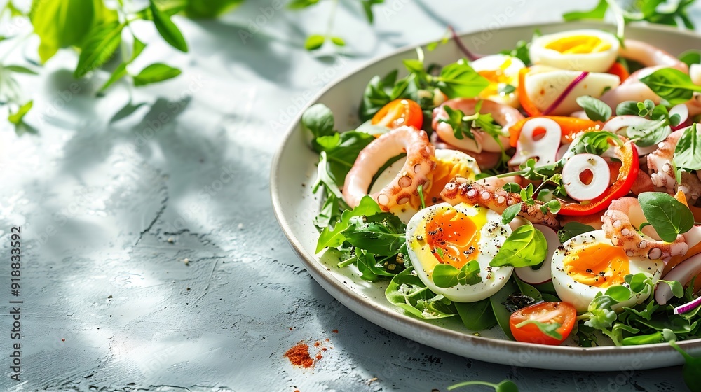 Poster Healthy salad with squid and avocado on white plate with harsh shadows Calamari salad with vegetables and eggs on white background with shadows of leaves Summer food menu : Generative AI