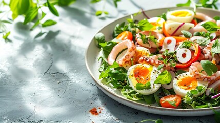 Healthy salad with squid and avocado on white plate with harsh shadows Calamari salad with vegetables and eggs on white background with shadows of leaves Summer food menu : Generative AI