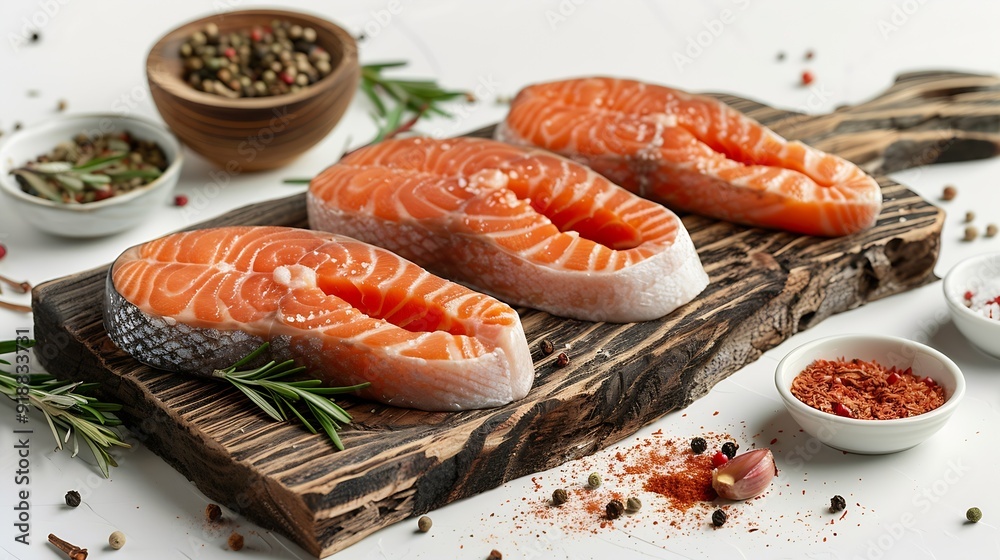Poster wooden board with raw salmon steaks and different spices on white background : generative ai