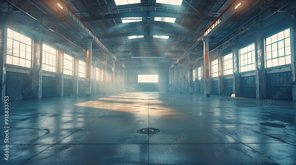 Poster clean and empty industrial hall in detail for supporting poles : generative ai