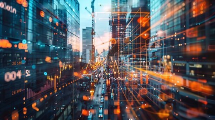 Image of financial data processing over crane and construction site global development business finance digital interface and data processing concept digitally generated image : Generative AI