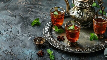 Moroccan mint tea in traditional glasses with vintage teapot on silver tray Grey background Close up Top view : Generative AI