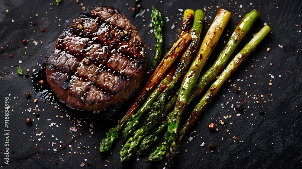Poster Grilled Fillet Mignon Steak with roasted asparagus Black background Top view : Generative AI