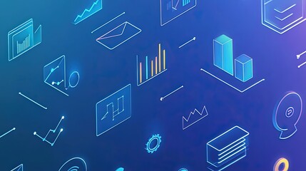 A gradient blue background with subtle business symbols.