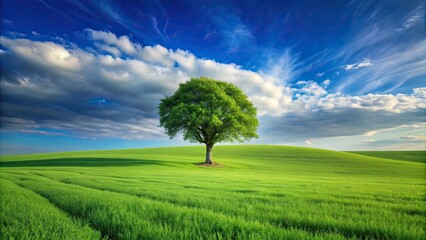 A peaceful view of a green field with a single tree , tranquil, nature, serene, landscape, beauty, outdoors, countryside