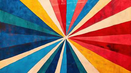 A vibrant abstract artwork featuring a radial burst design. The image consists of broad, colorful rays emanating from the center, creating a dynamic and energetic composition. The rays are painted in 