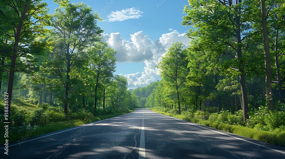 Poster empty square or road through green forest trees under blue sky and clouds : generative ai