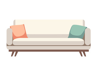 Beige sofa with colorful cushions. Perfect for cozy living room designs, home decor blogs, and furniture advertisements. Vector illustration isolated on white background