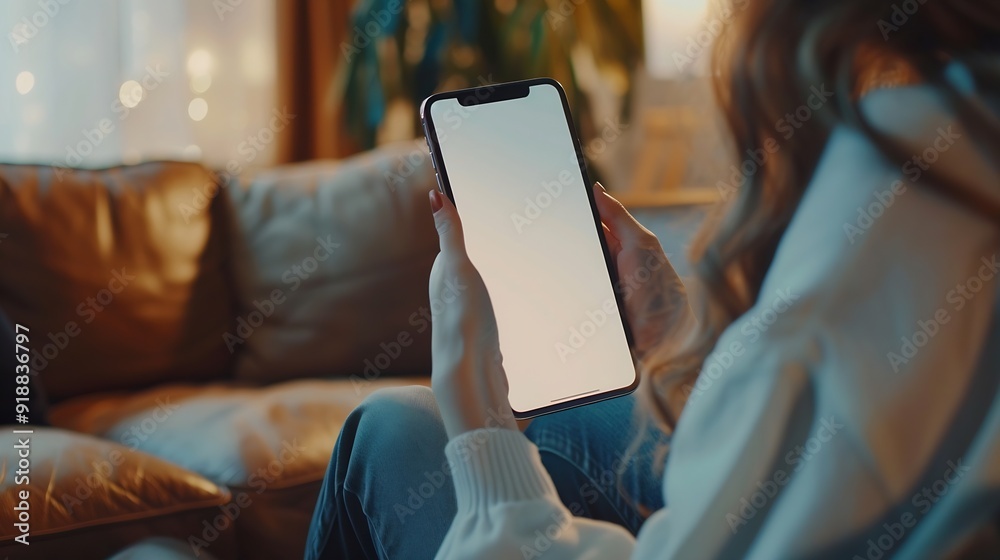 Leinwandbilder Mockup image of a woman holding and using mobile phone with blank desktop white screen at home : Generative AI