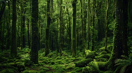 Fototapeta premium Trees covered with dense moss in rainforest Goblin Forest Egmont National Park Taranaki North Island New Zealand Oceania : Generative AI