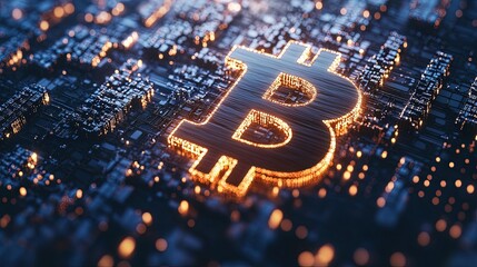 A close up of a glowing Bitcoin symbol with a network of blockchain nodes in the background.
