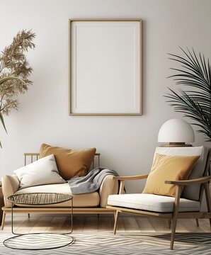 Aesthetic minimalist room interior design. Mockup picture frames. Mock up poster on the walls. Copy space. Scandi apartment for decoration. Neutral colors. Modern japandi style.