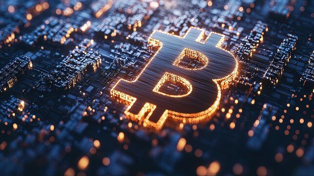 A close up of a glowing Bitcoin symbol with a network of blockchain nodes in the background.