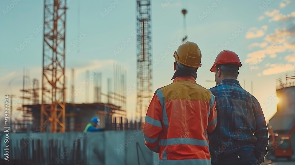Poster Engineer and foreman worker checking project at precast factory site Engineer and builders in hardhats discussing on construction site : Generative AI
