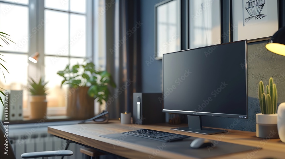 Fototapete Empty workspace and a computer in a home office for remote work business or design of desk Working creative and a table with a pc and setup for a freelance career or entrepreneurship f : Generative AI